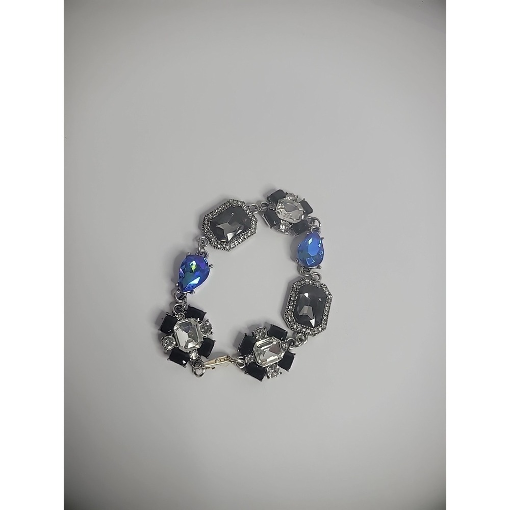 Vintage Silver‎ Tone Chain Bracelet Black White Blue Crystals Jewelry Costume
